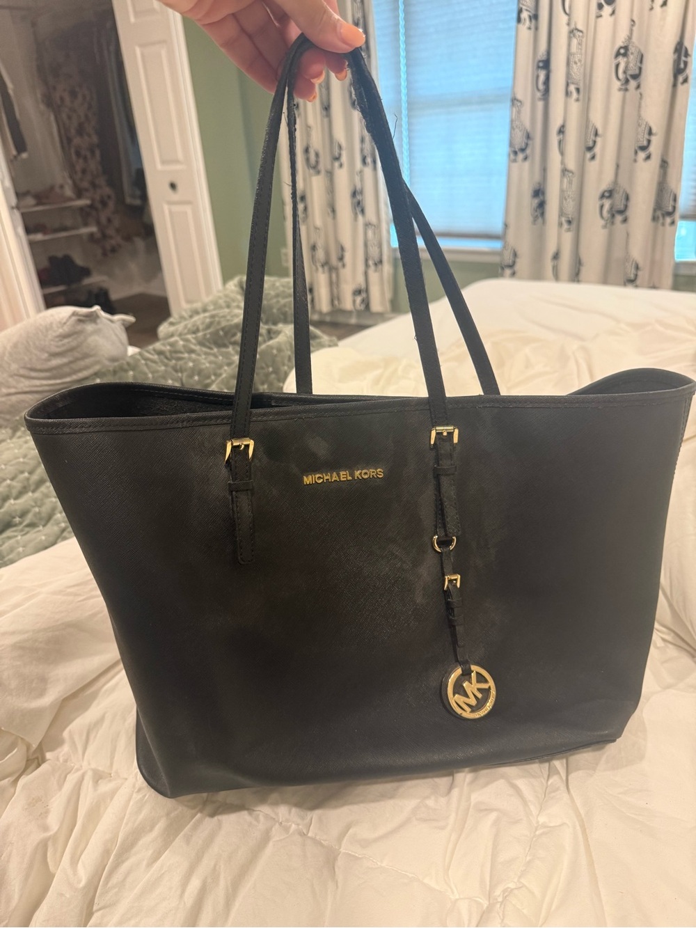 MICHAEL KORS Black Saffiano Leather Tote with Gold Hardware
